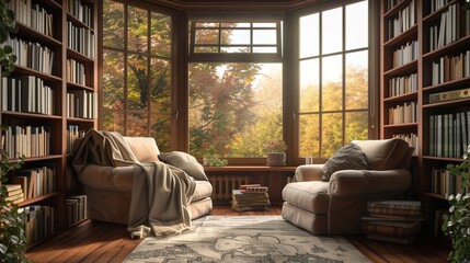 A cozy reading nook nestled in a corner by a bay window, with overstuffed armchairs, a soft throw blanket, and shelves of books inviting exploration.