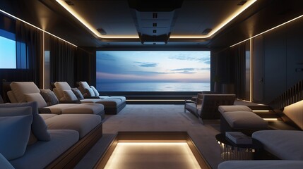 A sleek home theater with plush seating, a massive screen, and surround sound, perfect for immersive movie nights.
