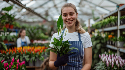 A young woman is smiling at the camera while holding a potted plant in a greenhouse.
