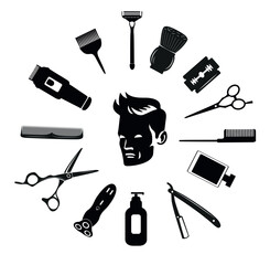 Barber tools and haircut icons set for men in black color isolated on white