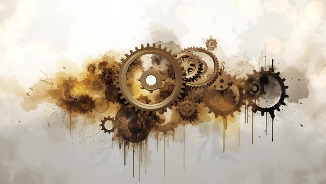 white background with steampunk gears and cogs shaped by smoky elegance. seamless looping overlay 4k virtual video animation background 