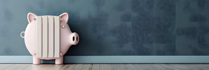 Saving heat energy concept. A radiator in the form of a piggy bank. Copy space available - web banner format. - obrazy, fototapety, plakaty