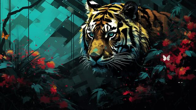 tiger illustration in digital illustration modern glitch art adventure. seamless looping overlay 4k virtual video animation background 
