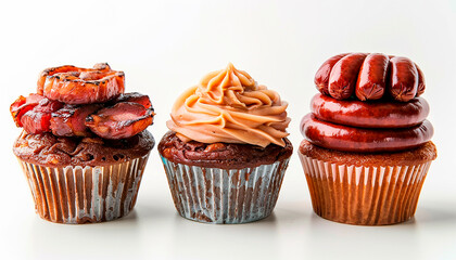 high quality photo of tall cupcakes made from different types of meat, sausages, in a row copy space