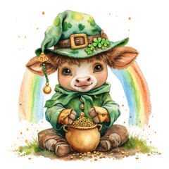 A child cow dressed as a leprechaun, wearing a green hat, celebrates St Patrick's Day