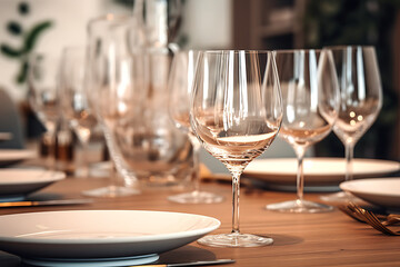 Empty wine glasses on table in restaurant, closeup. Space for text