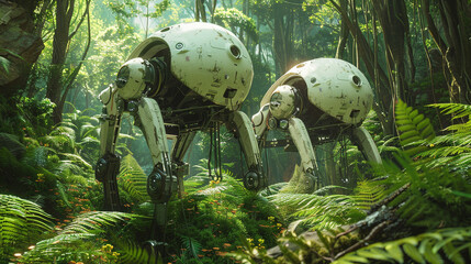 Robotic wildlife guardians patrolling a lush vibrant forest