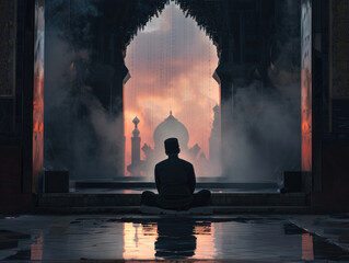 Back view of Indonesian Muslim man meditating in the mosque - obrazy, fototapety, plakaty