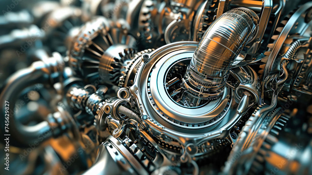 Poster detailed view of a modern, high-tech engine being produced in a factory, showcasing intricate design