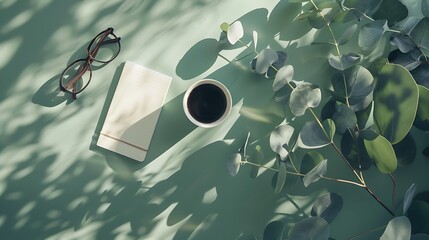 Aesthetics minimal workspace with paper notebooks, coffee cup, eucalyptus leaves on green table. Flat lay, top view. Generative Ai