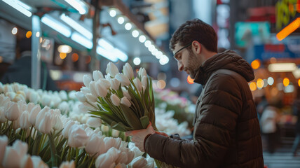 A young male florist working with fresh white flowers in a flower shop. - obrazy, fototapety, plakaty