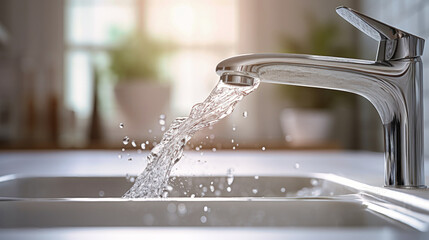 A detailed view of a faucet with a stream of water flowing out. The image highlights conservation of resources and the importance of saving drinking water