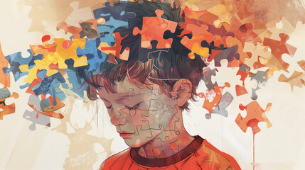 A young boy with autism, puzzle pieces coming together around he head
