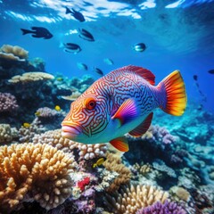 A large beautiful exotic fish swims underwater at the coral reef