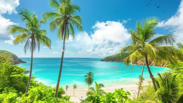 sunny tropical beach with palm trees. seamless looping overlay 4k virtual video animation background 