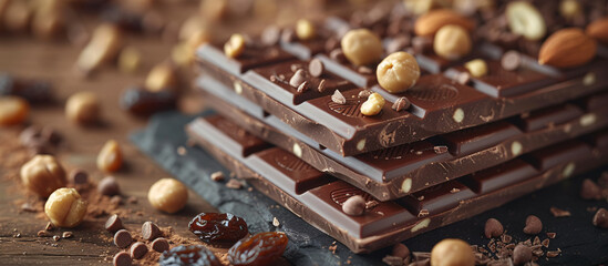 a stack of chocolate bars with nuts and raisins - obrazy, fototapety, plakaty