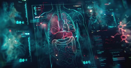 Human outline with futuristic organ illustrations, digital health innovation theme, medium shot.
