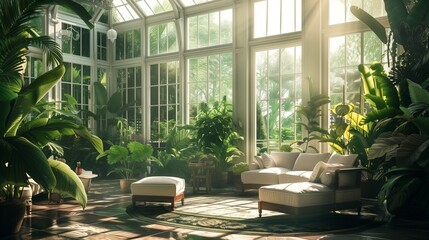 A sunlit conservatory with floor-to-ceiling windows, overflowing with lush greenery, exotic plants, and comfortable seating for quiet contemplation.