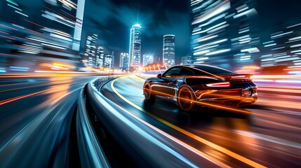 A computer-generated 3D car races and drifts at high speed on a night highway in a modern city in a racing simulator video game with an interface, featuring VFX image editing and a third-person view