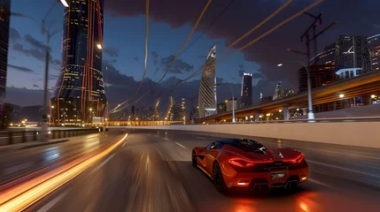 Stof per meter A computer-generated 3D car races and drifts at high speed on a night highway in a modern city in a racing simulator video game with an interface, featuring VFX image editing and a third-person view © MarkVincent