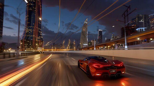 A computer-generated 3D car races and drifts at high speed on a night highway in a modern city in a racing simulator video game with an interface, featuring VFX image editing and a third-person view