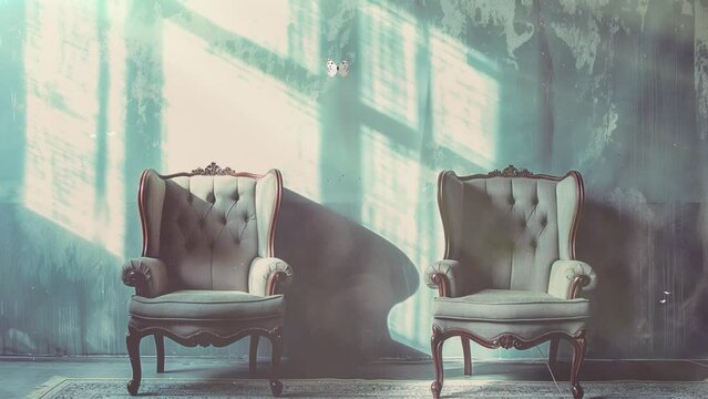 two chairs banner in old vintage room with sunlight. seamless looping overlay 4k virtual video animation background 