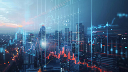 cityscape with modern skyscrapers and overlaid financial graphs, symbolizing the bustling economy and the stock market.