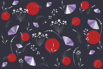 Floral stems, purple polygons and red circles on a dark background. Vector pattern for wallpaper, textile, packaging design - obrazy, fototapety, plakaty