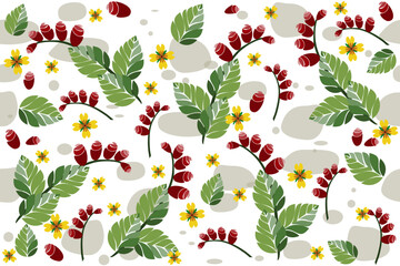 Bright seamless pattern with leaves, buds and yellow flowers. Vector illustration for wallpaper, packaging, fabric design