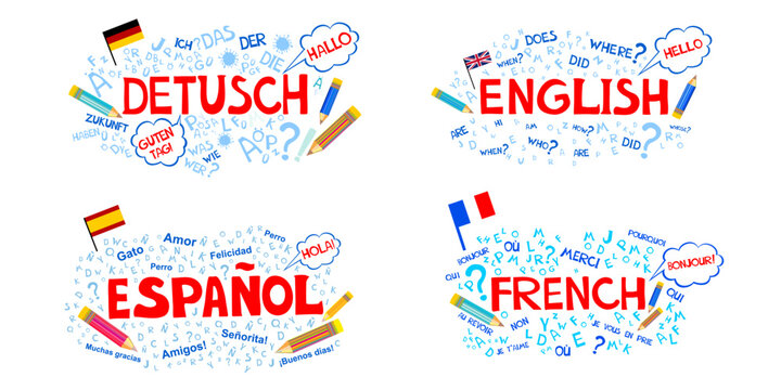 Concept of travel or studying languages. English, German, Spanish,  French. Flat design. Language school course. Study foreign languages with native speaker. Online personal tutor. vector illustration