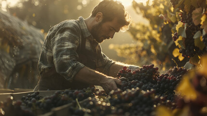 A man picking ripe grapes in a vineyard at a winery.