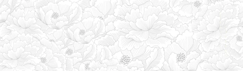 Schilderijen op glas Geschilderde Bloemen Black and white peony flower with hand drawn floral pattern illustration in vintage style. Grey flower in vintage style. Oriental style background in Chinese style  © Marukopum