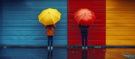 two people holding umbrellas in the rain - obrazy, fototapety, plakaty