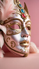 Venetian carnival mask with feathers on pink background, close up