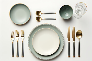 Set retro of cutlery and plates on white background, top view