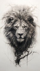 Realistic black and grey pencil drawing of lion.