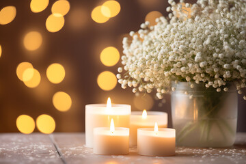 Fototapeta na wymiar Burning candles and bouquet of gypsophila flowers on wooden table