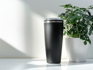 Black stainless steel tumbler on white table for mock-up and promotional use, with copy space for customization. Background includes green plant and office setting