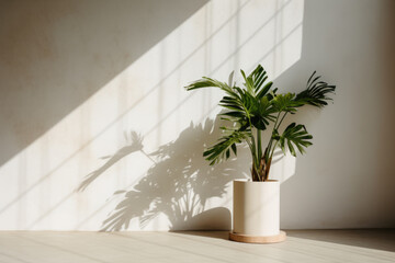 Palm houseplant in flowerpot by window in room with wood floor. Empty interior background with house plant