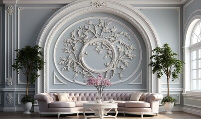 Luxurious living room with carved decorations on the walls