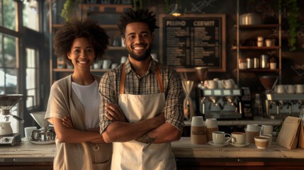 Fototapeta premium man and a woman wearing aprons are standing confidently in a cozy, rustic cafe setting, both smiling towards the camera.