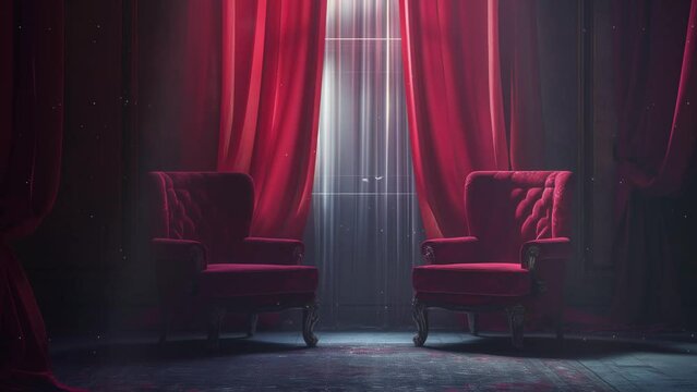 two red chairs banner with red curtain. seamless looping overlay 4k virtual video animation background 