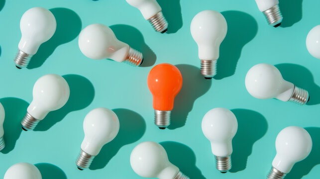 An orange lightbulb glowing among a group of white lightbulbs on a teal background, representing a unique idea or solution.