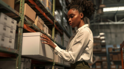 woman in a white shirt and olive green pants reaching for a white box on a shelf in a warehouse.