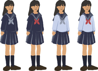 セーラー服の学生 全身イラストセット