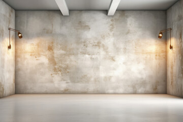 Minimalist empty room, design space with grunge wall and lights for product showcase