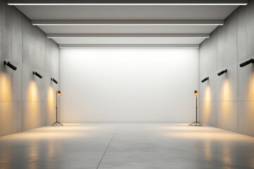 Professional photo studio with spotlights and white wall