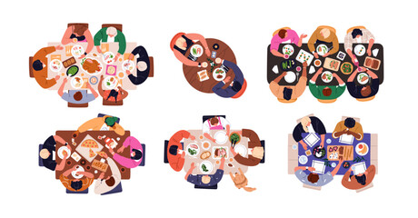 People at table, sitting and eating together, top view. Families, friends gathering, meeting for dinner, meal, food at home, restaurants set. Flat vector illustrations isolated on white background