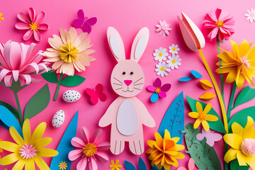 a paper cut out of a bunny surrounded by flowers and butterflies