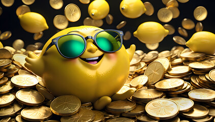 cheerful lemon in glasses among gold coins. golden million concept